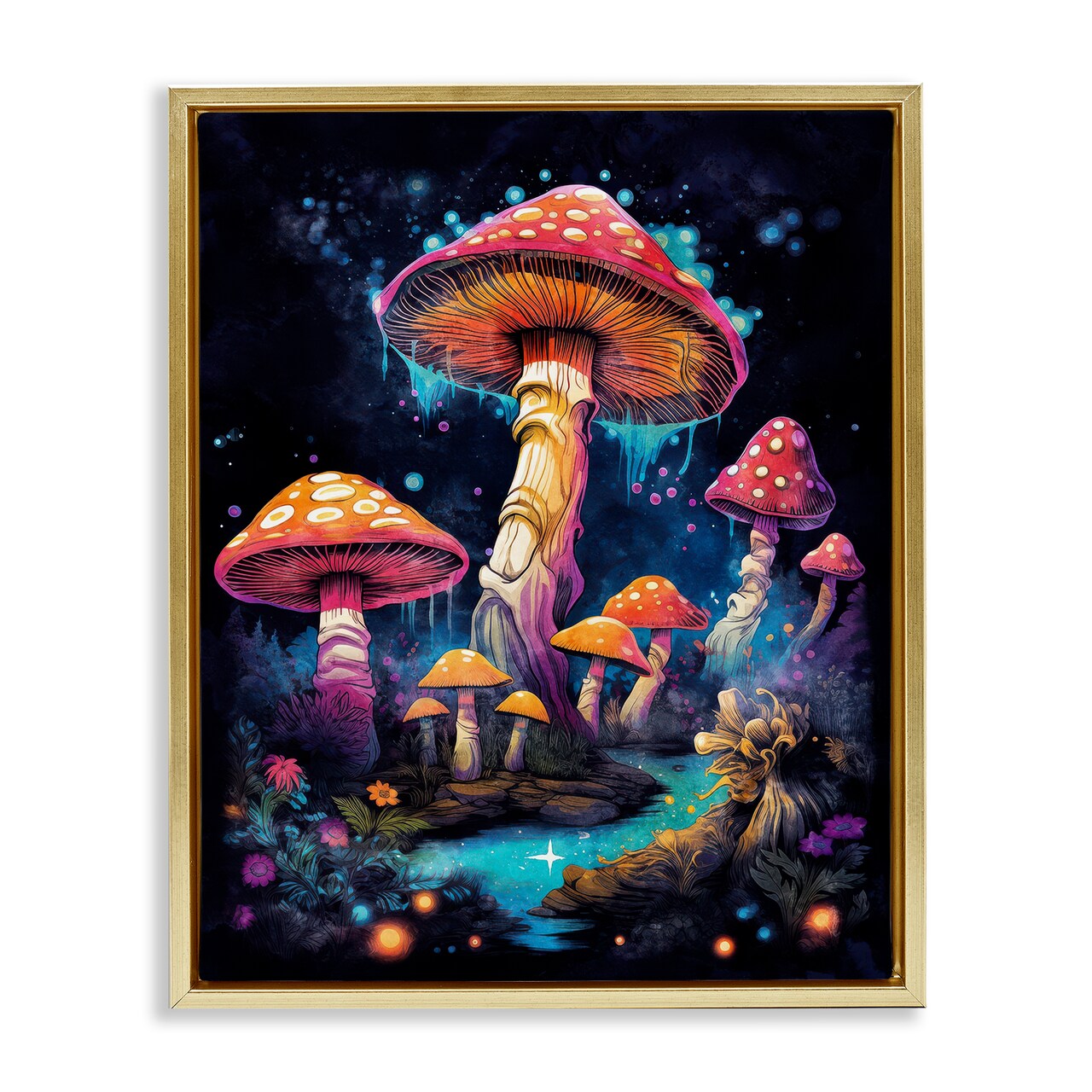 Stupell Industries Psychedelic Mushroom Scene Framed Floater Canvas Wall Art Design by Nina Blue